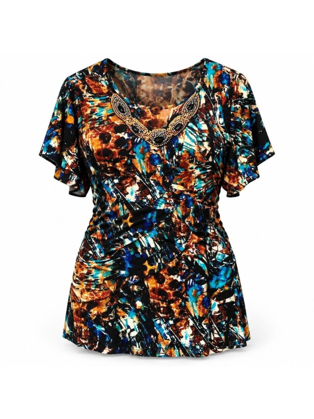 Dressbarn Woman Plus Size 18 20 Multicolor Abstract Embellished Short Sleeve Top